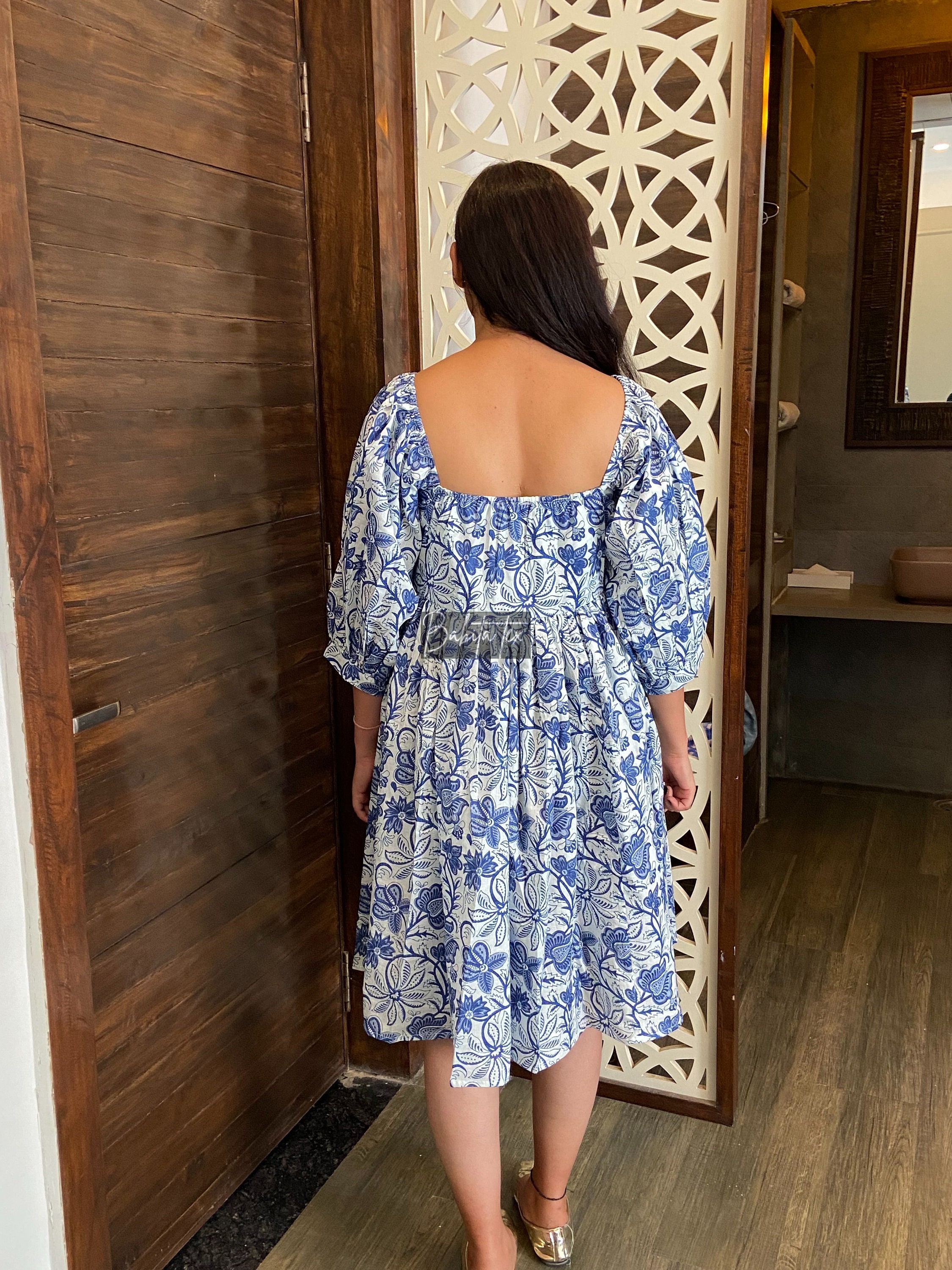 blue floral square neck dress Blue Floral Square Neck Midi Dress for Beach Vacation