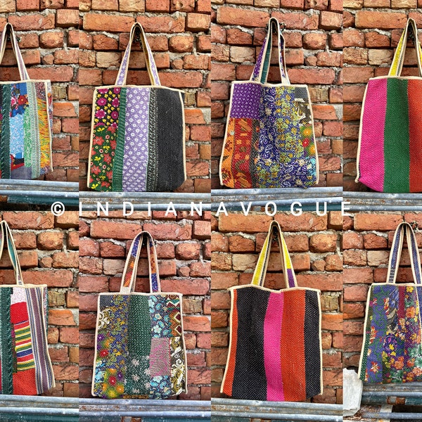 Bolsa de patchwork kantha vintage hecha a mano, al por mayor de puntada fina antigua kantha tote bag lote surtido