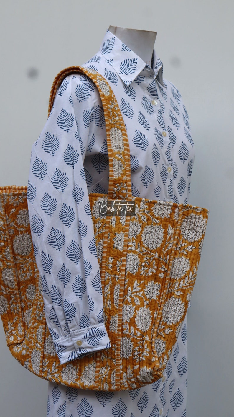 Handmade Quilted Tote Shopping Bag, Floral Print Cotton Market Bag, Jhola Bag, Hippie Bag, Market Bag image 2