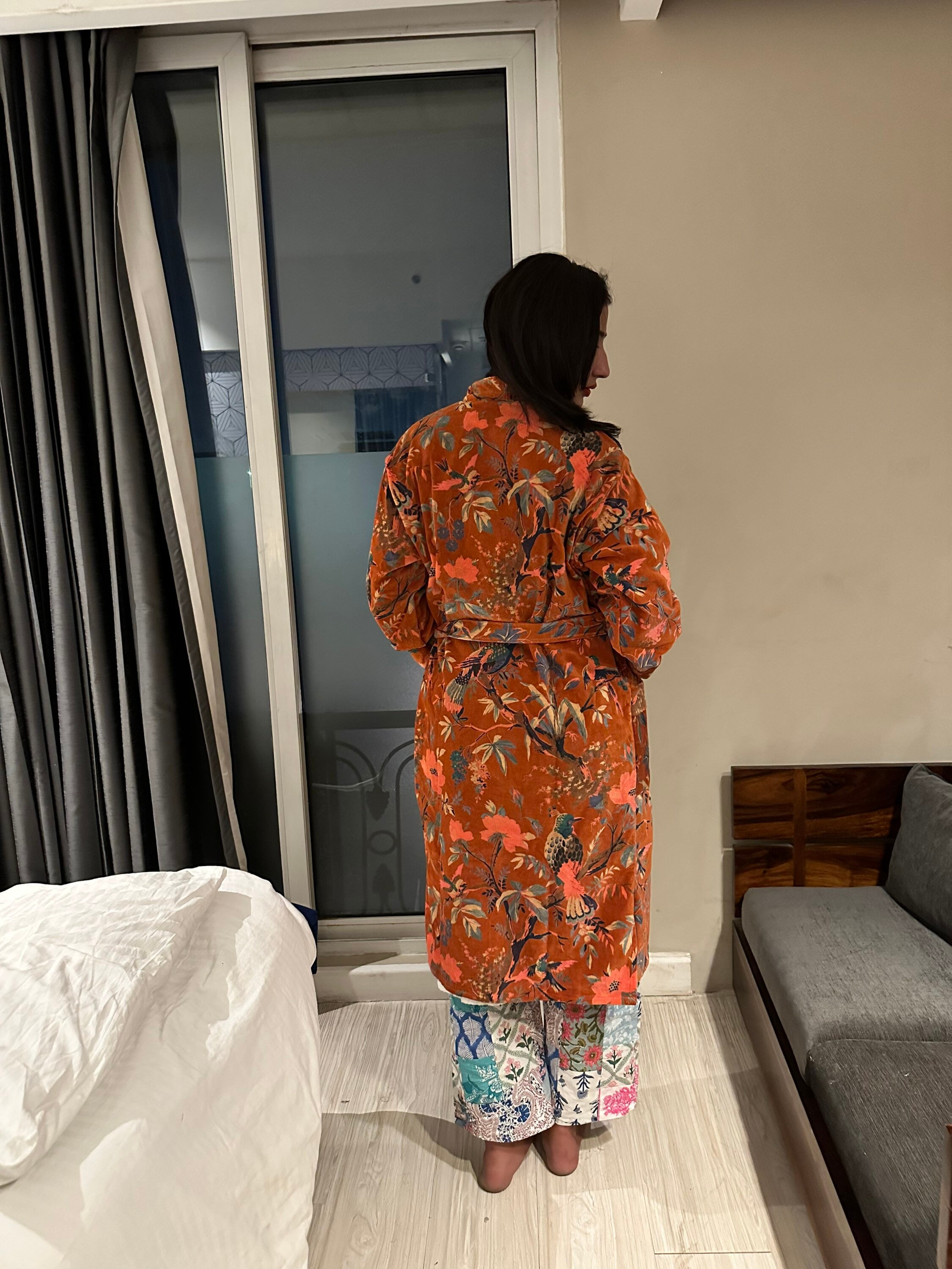 Bird Print Velvet Boho Jacket Japanese Kimono Style Ethic Bird Print Velvet Boho Jacket Japanese Kimono Style Ethic