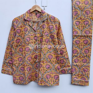Hand Block Print Cotton Pajama Set: Floral Indian Nightwear