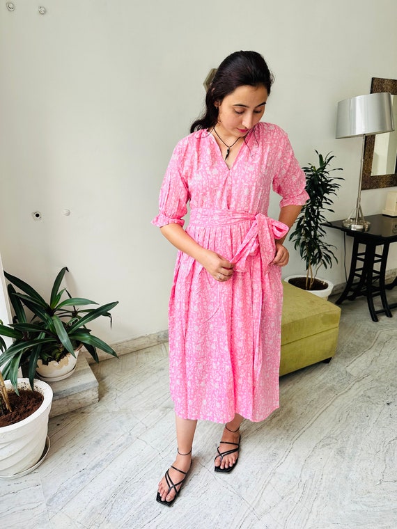 Floral Block Print Cotton Gauze Midi Dress, Deep Neck Summer Dress - Etsy
