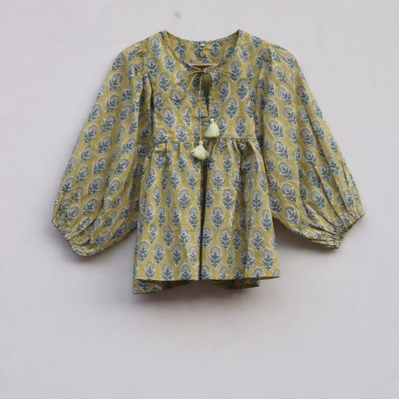 Block Print Cotton Peplum Top for Women | Puff Sleeve Boho Blouse | Handmade Indian Floral Top | Summer Tunic Tassels | Cottagecore Shirt
