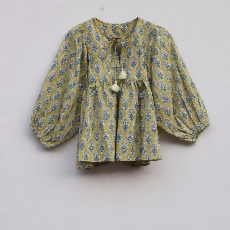Block Print Cotton Peplum Top for Women | Puff Sleeve Boho Blouse | Handmade Indian Floral Top | Summer Tunic Tassels | Cottagecore Shirt image 1