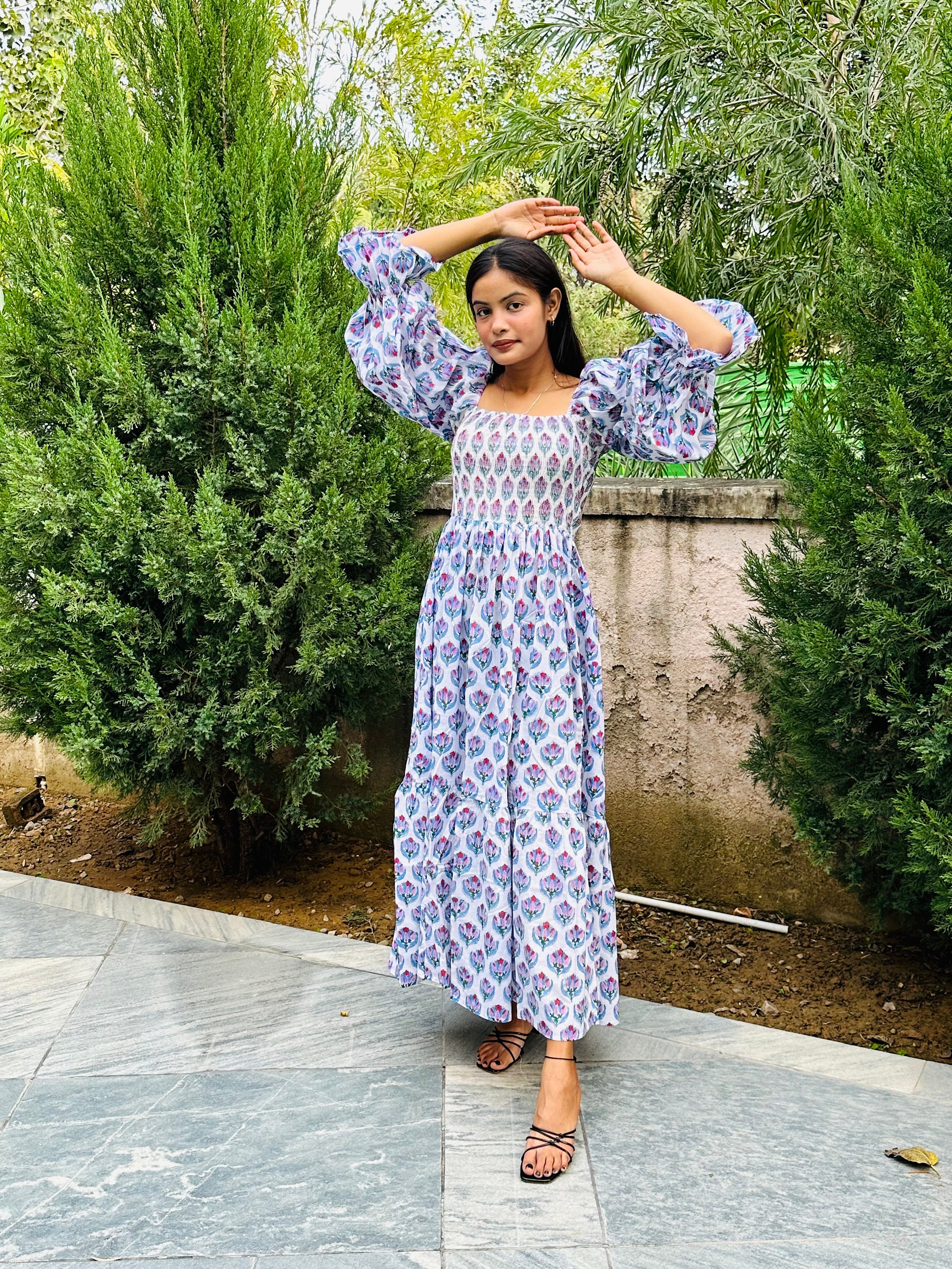 cotton smock midi dress Floral Block Print Cotton Gauze Dress: Smock Midi Dress