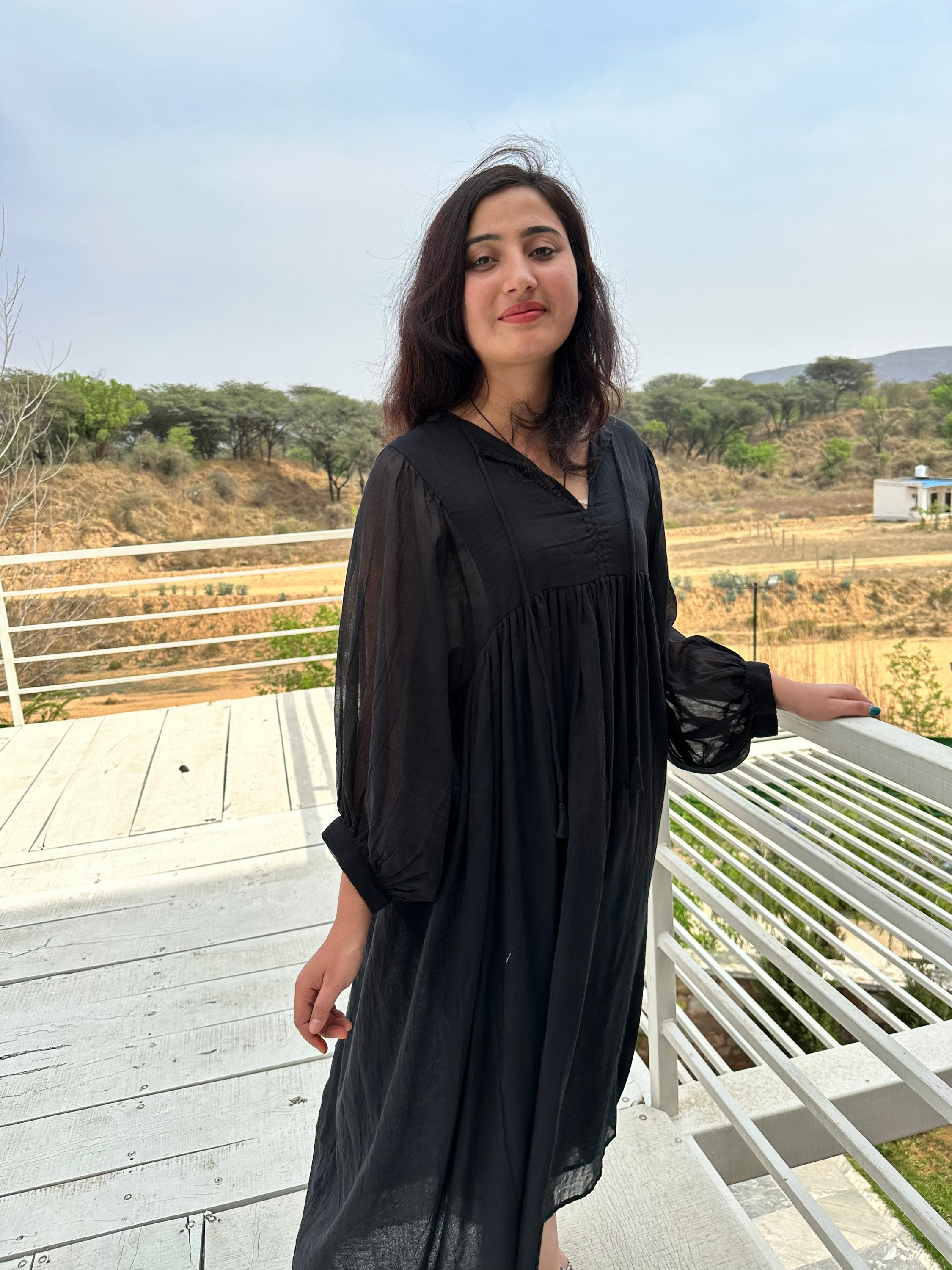 midi black gauze dress pockets Black Midi Dress With Pockets main image 1