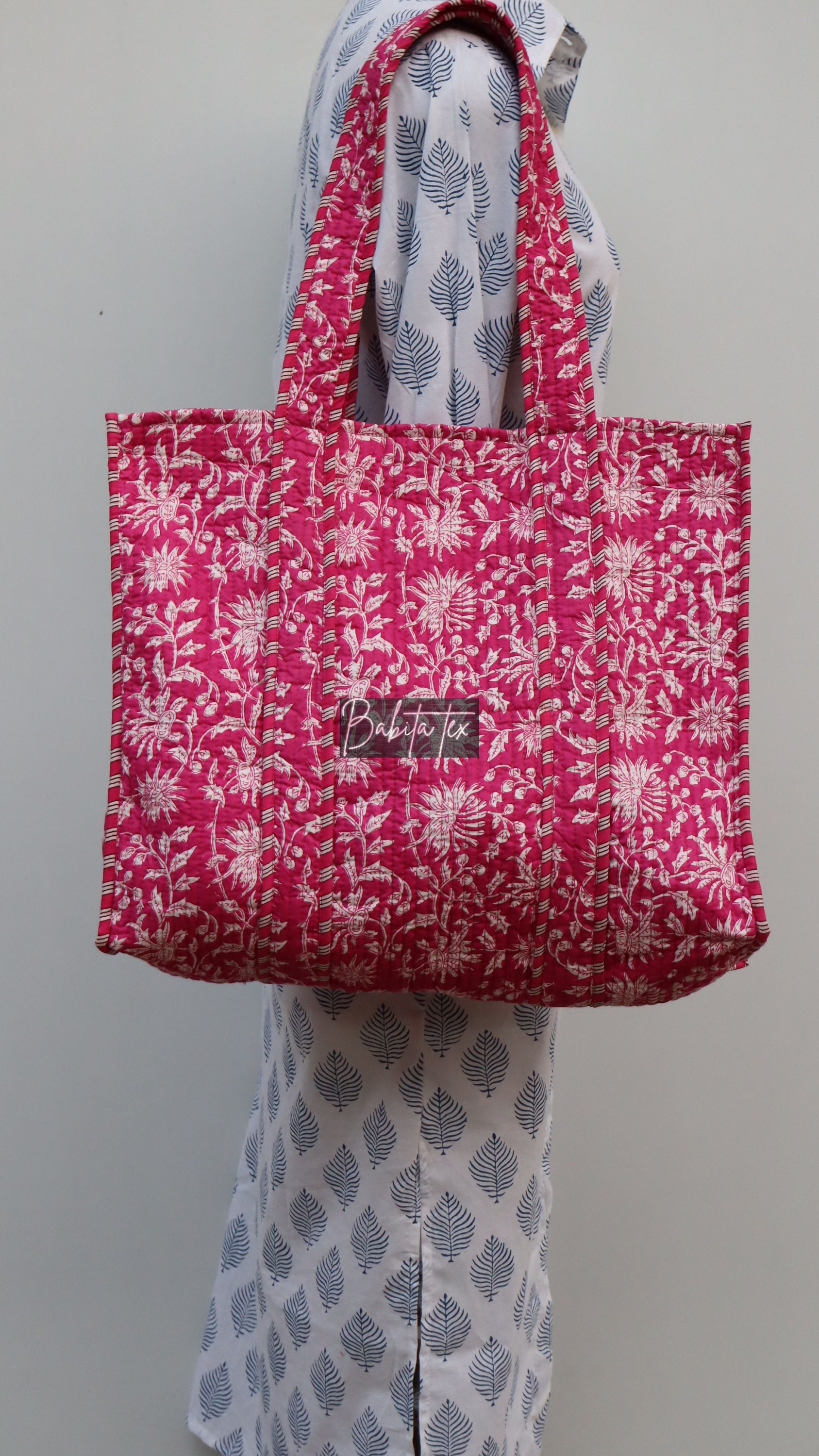 Handmade Quilted Tote Shopping Bag, Floral Print Cotton
