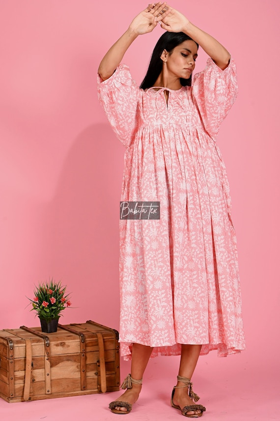 midi cotton gauze summer dresses Floral Block Print Cotton Gauze Dress, Kyra Midi Summer Dress