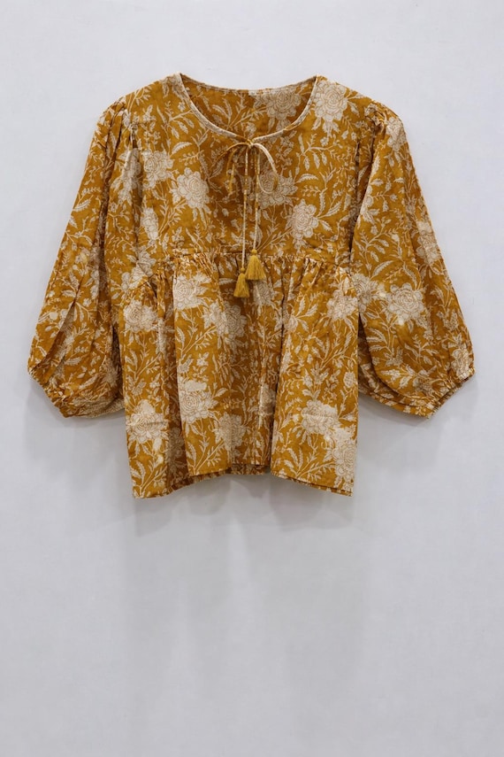 Mustard Block Print Peplum Top | Floral Boho Blouse for Women | Indian Cotton Puff Sleeve Shirt | Handmade Cottagecore Tunic