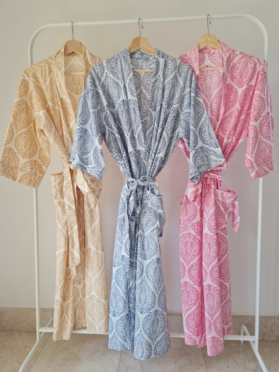 Indian Hand Block Printed Long Kimono Robe Dressing Gown Bathrobe  Lightweight Cotton Robe Wrap Dress Beach