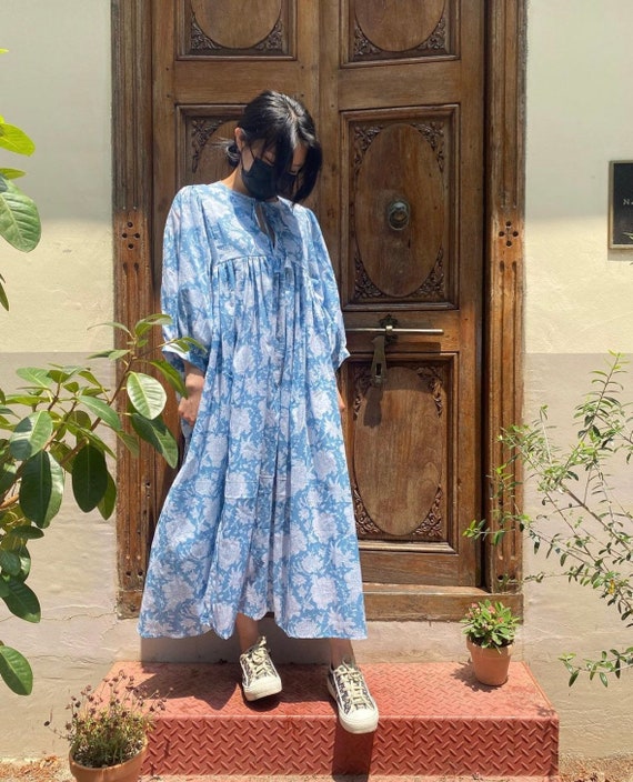 Cotton Gauze Midi Dress: Floral Block Print, Deep Neck