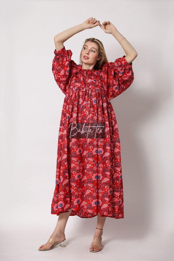 Floral Block Print Soft Cotton Summer Dress, Kyra Midi Dress, Dresses for Women, String Closer Dress