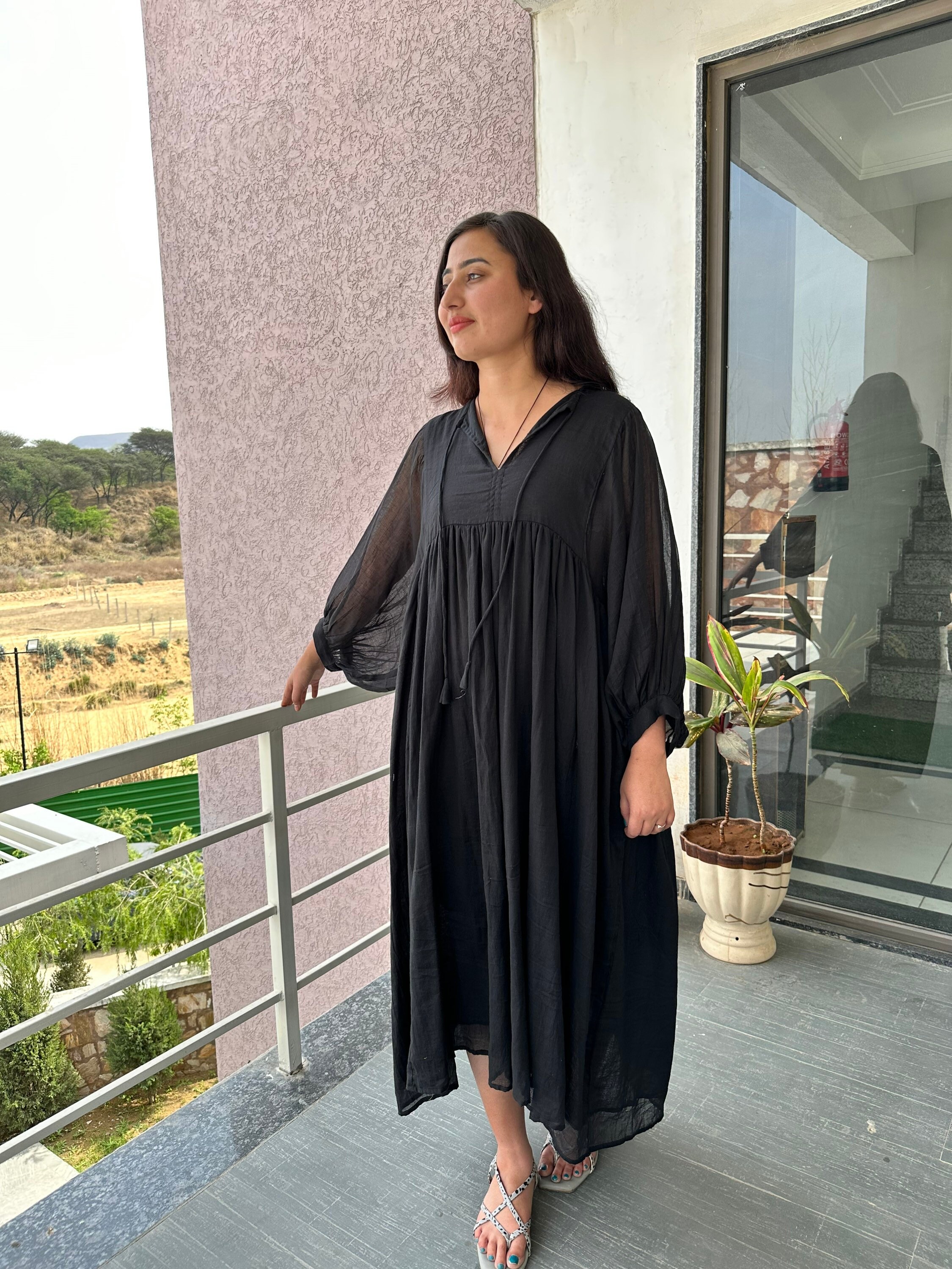 Black Cotton Gauze Dress: Deep Neck Long Sleeve Midi DressVintage Style