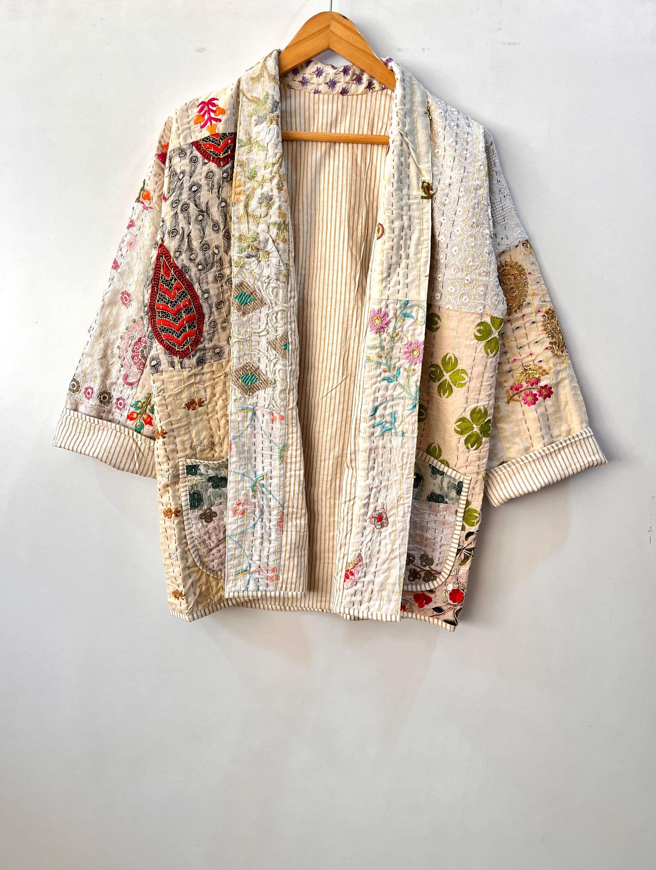 Kantha Jacket, handmade Floral Embroidered kantha jacket, Japanese style kantha coat, winter jacket
