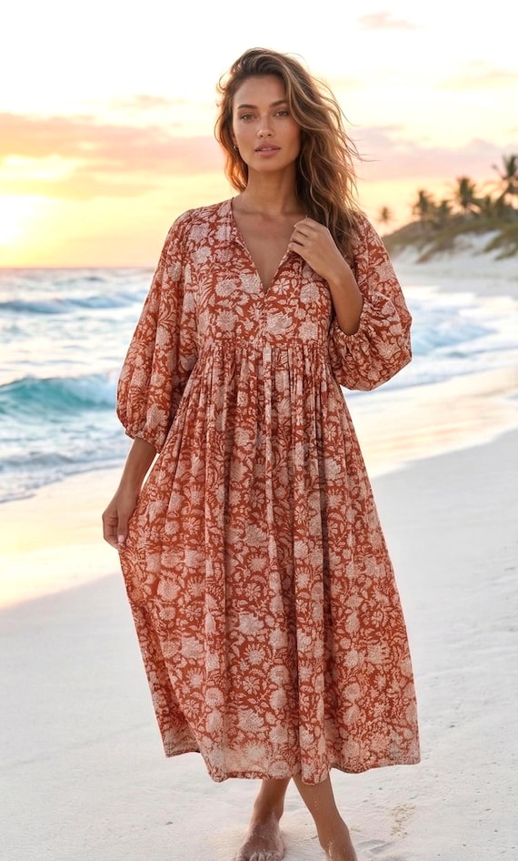 rust beach dress Floral Block Print Kyra Midi Dress, Mini Dress, Soft Cotton Summer Dress, Spring Dress, Sundress, Deep Neck With String Closer Color:Shadow Relaxed Fit Fit Style lace-edit-sep THEE BLACK DRESS |