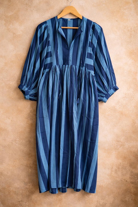 Blue Striped Cotton Midi Dress, Boho Loose Fit Dress, Handmade Cotton Dress, Summer Dress, Casual Bohemian Dress, Women's Comfortable Dress