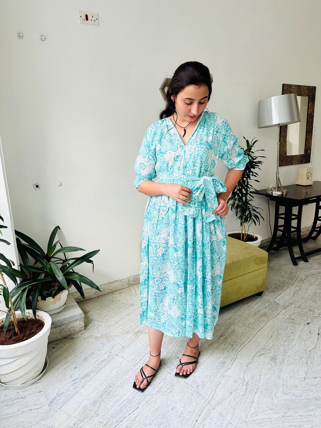 knee length dresses for ladies Aprilia Cotton Midi Dress in Starry Night Navy