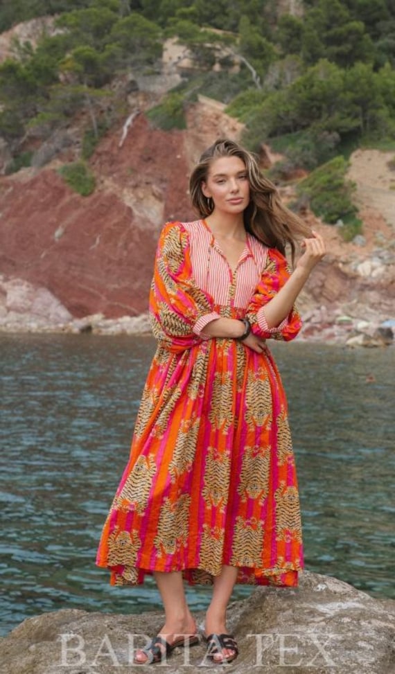 Tiger Print Cotton Midi Dress – Boho Cottagecore Style, Loose Fit Summer Vacation Outfit