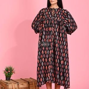 Midi Dress, Mini Dress, Ikat Long Block Print Dress, Deep Neck with string closer image 5