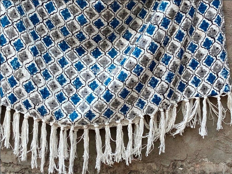 Wood Hand Block Printed Khadi Cotton Blanket Dhurrie Rug Handmade Boho Picnic Rug Hand Woven Beach Throw With Fringes