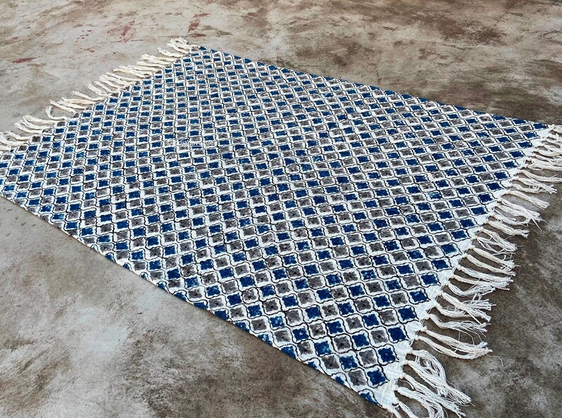 Wood Hand Block Printed Khadi Cotton Blanket Dhurrie Rug Handmade Boho Picnic Rug Hand Woven Beach Throw With Fringes