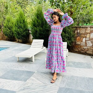 Floral midi Dress, Mini Dress, Smock dress Hand Block Print Dress,