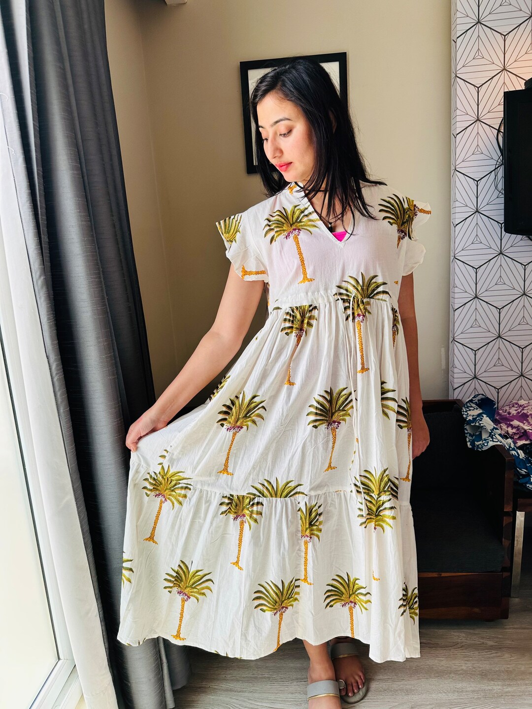 Hand Block Print Cotton Dress, White Palm Tree Pattern Boho Midi, Women's  Summer V-neck Kaftan Style Dress, Flowy Beach Holiday Resort Wear - Etsy