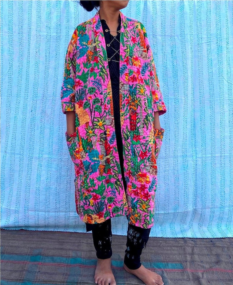 Frida kahlo kantha jacket Indian handmade Japanese kimono style kantha robe winter jacket pink colored tie belt coat 