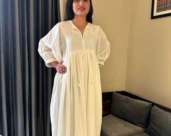 White Cotton Boho Maxi Dress, Loose Cottagecore Dress, Puff Sleeve Cotton Dress, Minimalist Summer Vacation Dress