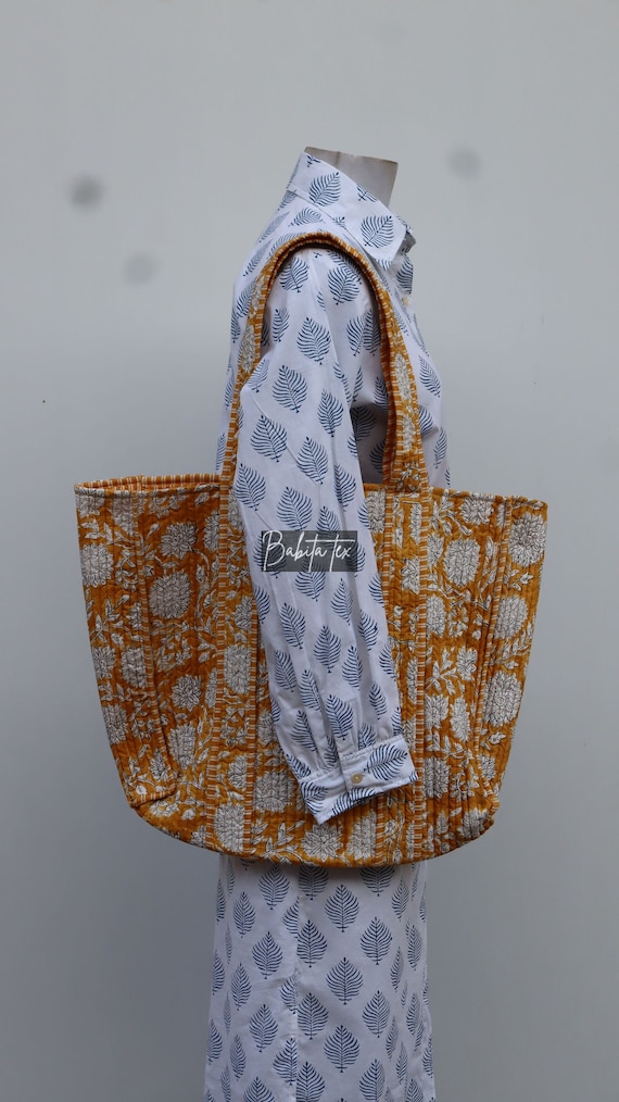 Handmade Quilted Tote Shopping Bag, Floral Print Cotton