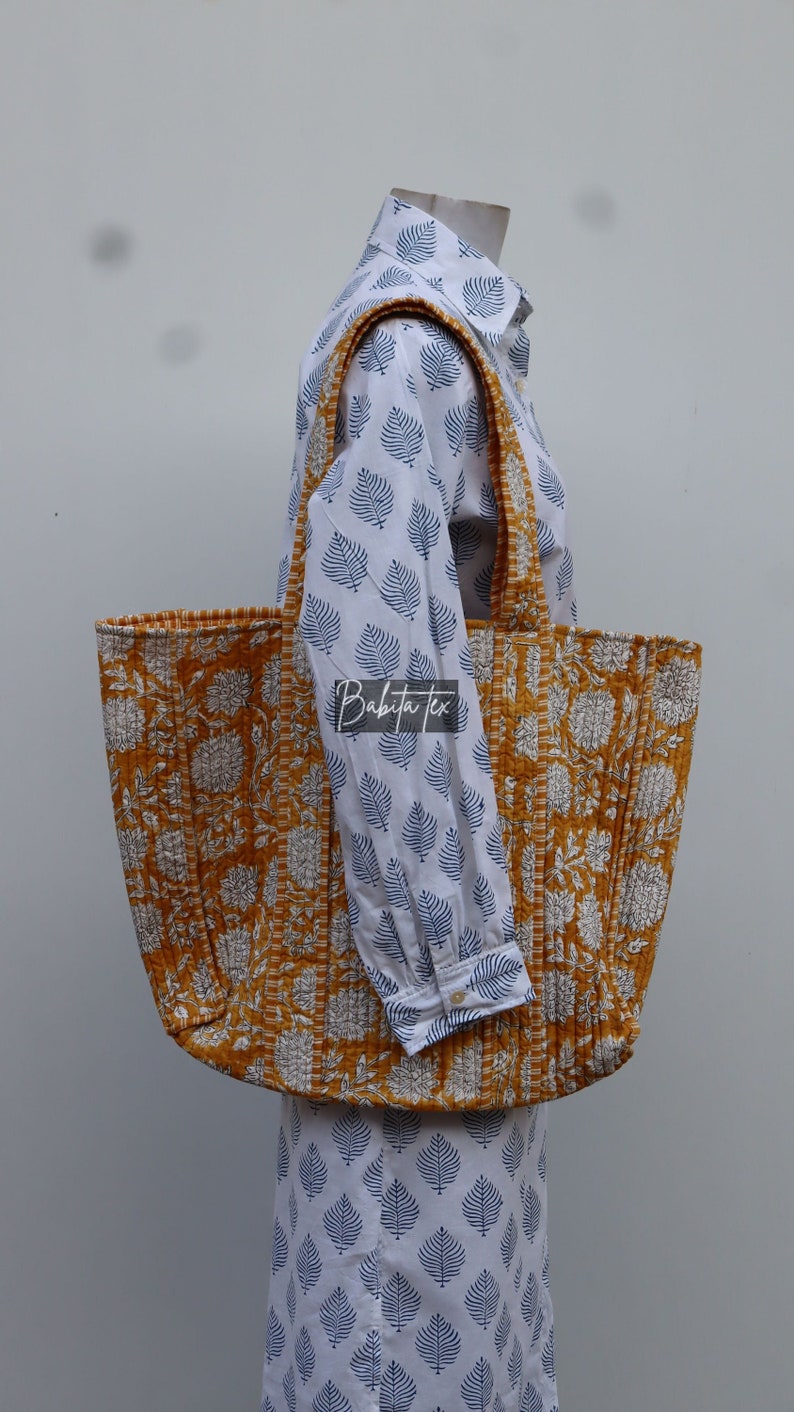 Handmade Quilted Tote Shopping Bag, Floral Print Cotton Market Bag, Jhola Bag, Hippie Bag, Market Bag image 1