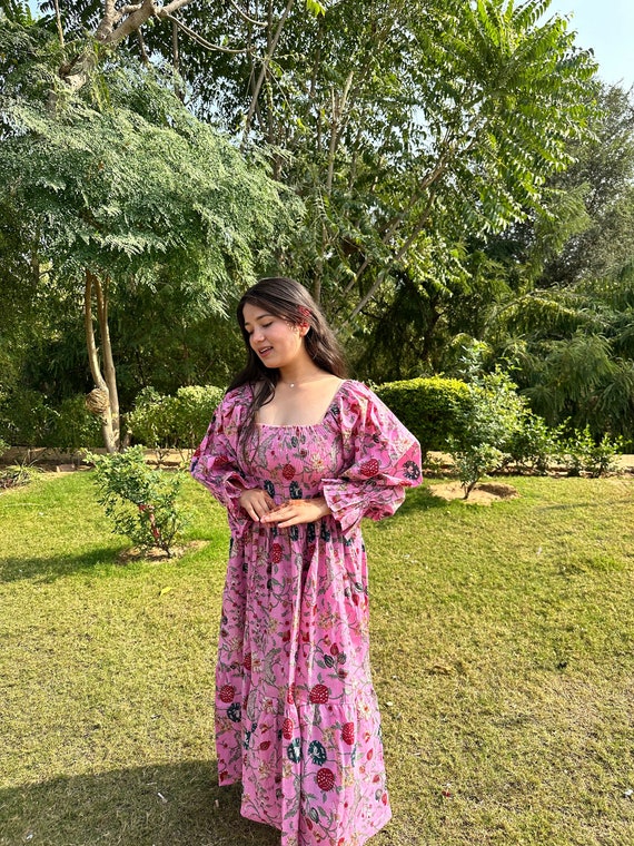 Floral Cotton Gauze Dress: Hand Block Print Midi Smock Floral Cotton Gauze Dress: Hand Block Print Midi Smock
