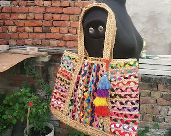 Multicoloured Tote Bag - Cotton Jute Shopping Bag - Handmade Recycled Fabric Shopper Bag - Colourful Tote Bag - Shoulder Bag - Big Day Bag