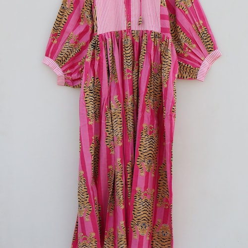 pink dress with tigers Pink Panther Print Cotton Dress | Sleeveless Drop-Waist Midi with Pockets | Artistic A-Line Summer Dress | The Storytime Dress