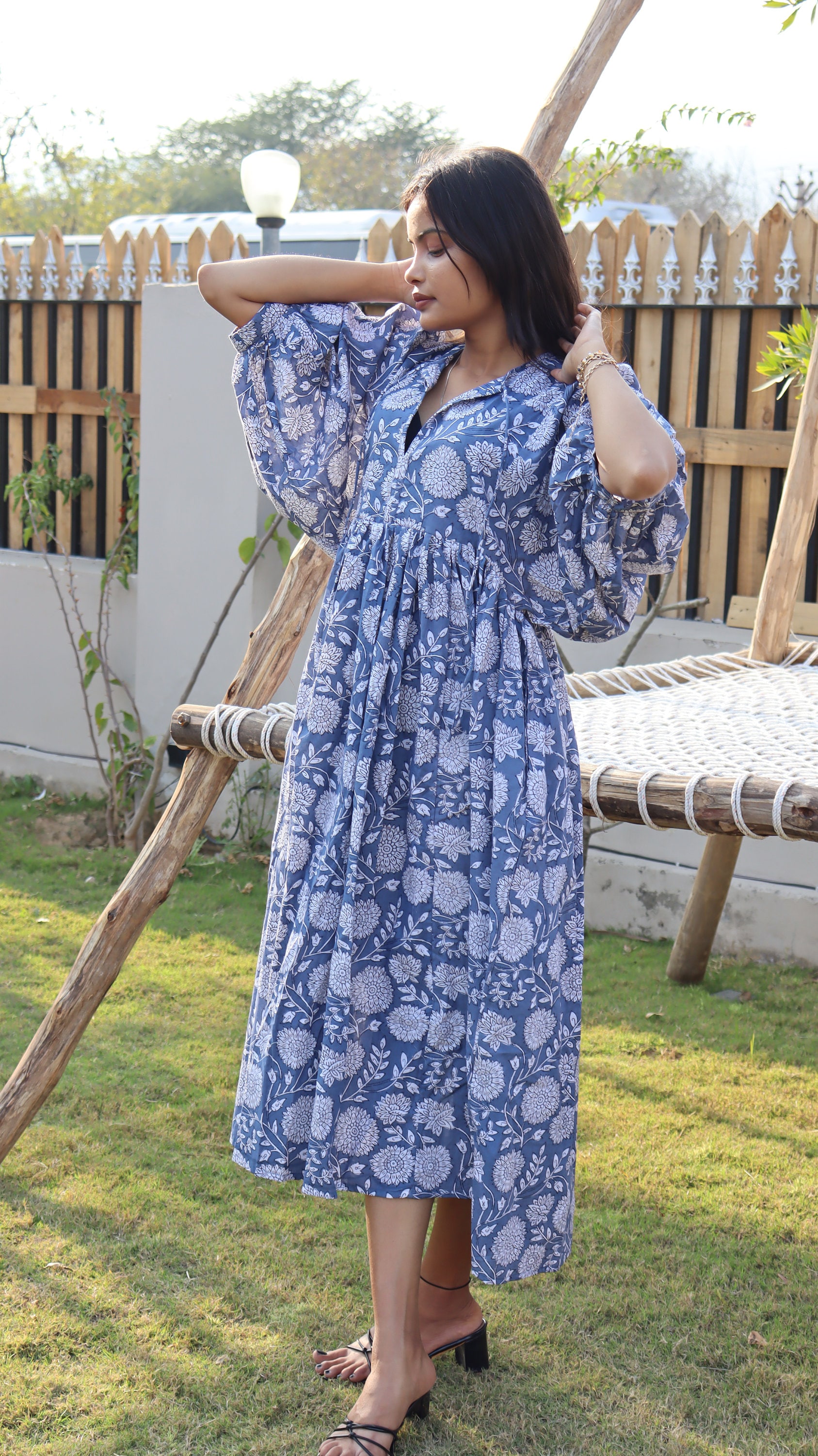blue full of flowers organic cotton midi dress Floral Block Print Midi Dress, Deep Neck Cotton Gauze Summer Dress