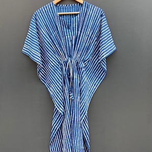Indigo Stripes Hand Block stampa kaftan donna, cotone leggero abbigliamento estivo, abito da spiaggia, maxi abbigliamento da notte abito