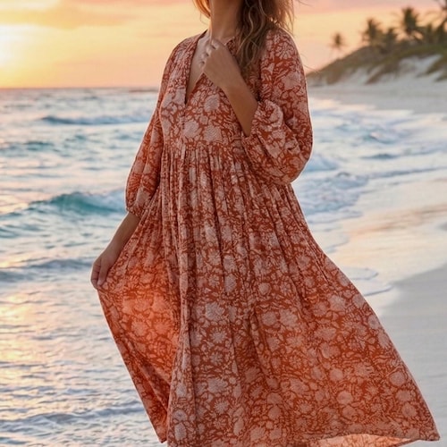 Rust Floral Block Print Midi Dress | Boho Cotton Cottagecore Dress | Loose Fit Long Sleeve Maxi Dress | Handmade Indian Summer Dress