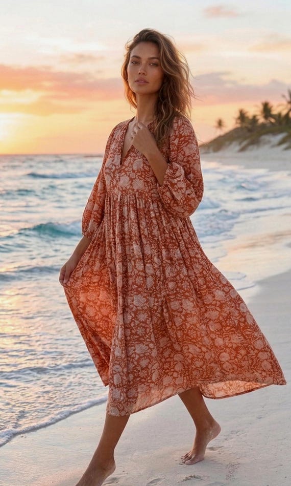 Rust Floral Block Print Midi Dress | Boho Cotton Cottagecore Dress | Loose Fit Long Sleeve Maxi Dress | Handmade Indian Summer Dress