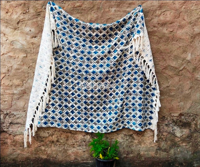 Wood Hand Block Printed Khadi Cotton Blanket Dhurrie Rug Handmade Boho Picnic Rug Hand Woven Beach Throw With Fringes