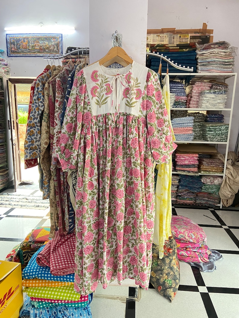 Motif Floral Midi Dress, Mini Dress, Floral Long Block Print Dress, Deep Neck with string closer 