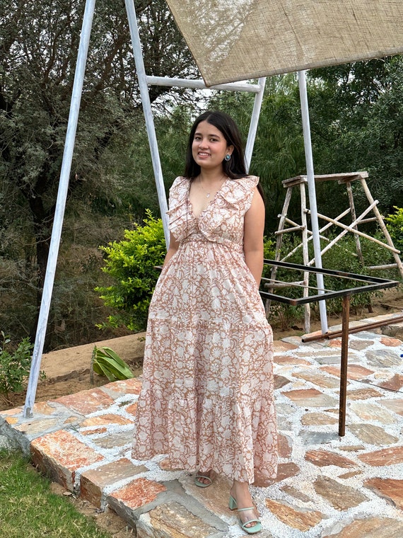 Floral Block Print Cotton Gauze Maxi Dress - Boho Ruffle Tiered Sun Dress