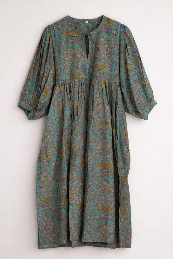 loose fitting midi summer dresses Boho Block Print Cotton Midi Dress, Indian Floral Dress, Handmade Bohemian  Summer Dress, Loose Fit Cottagecore Dress, Teal Tunic Dress