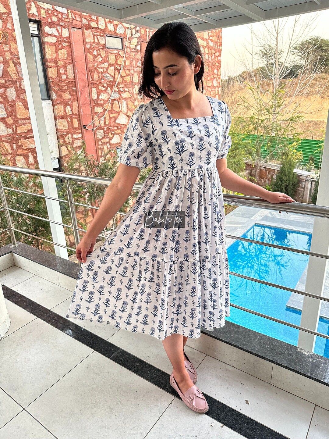 Blue Square Neck Midi Dress With Front Slit main image 1
