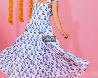 Hand Block Print Floral Sleeveless maxi dress ~ Blue