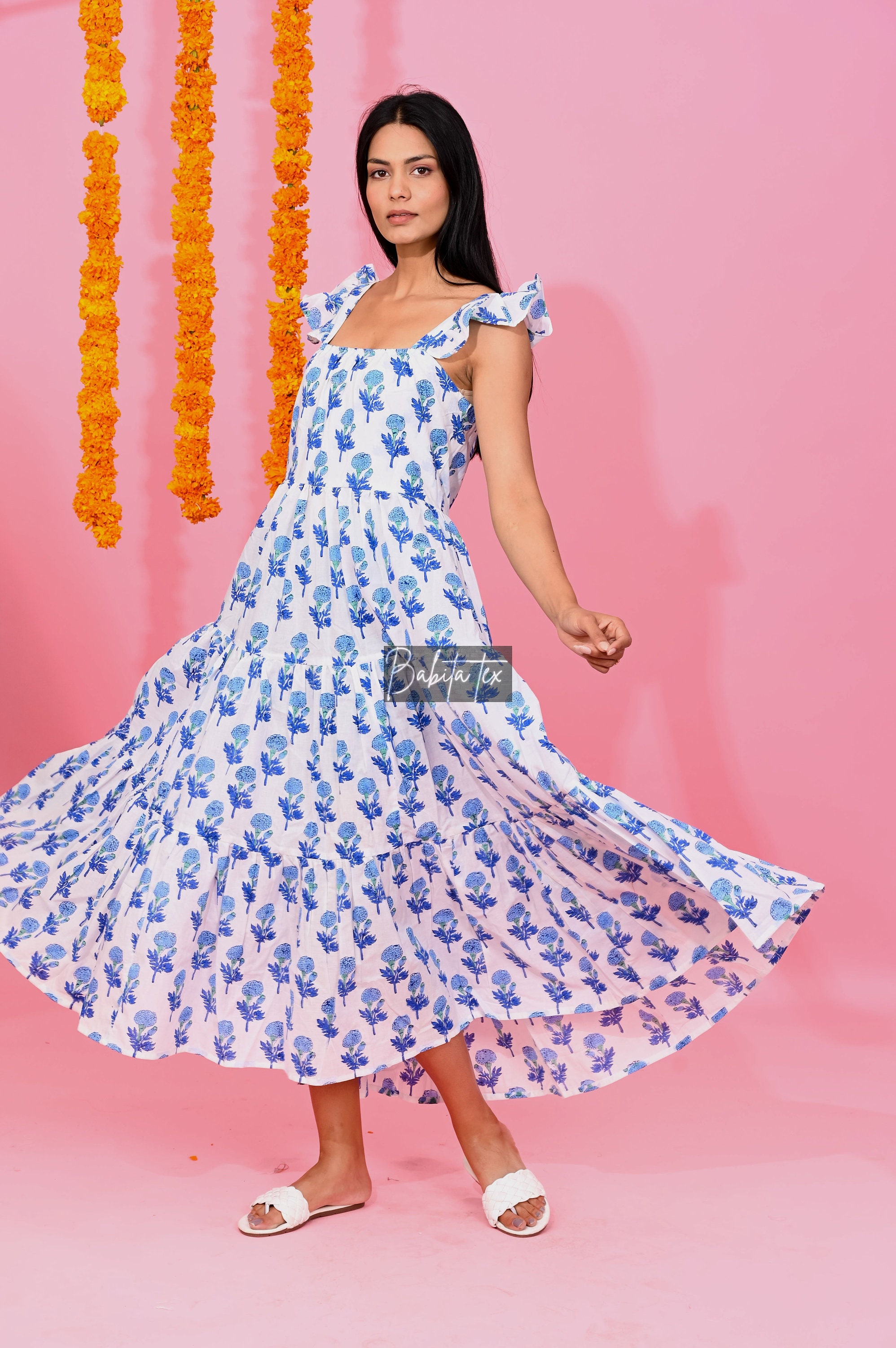 bocbok 복복 PRESSED FLOWER JERSEY TOP BLUE Hand Block Print Floral Sleeveless Maxi Dress ~ Blue - Etsy