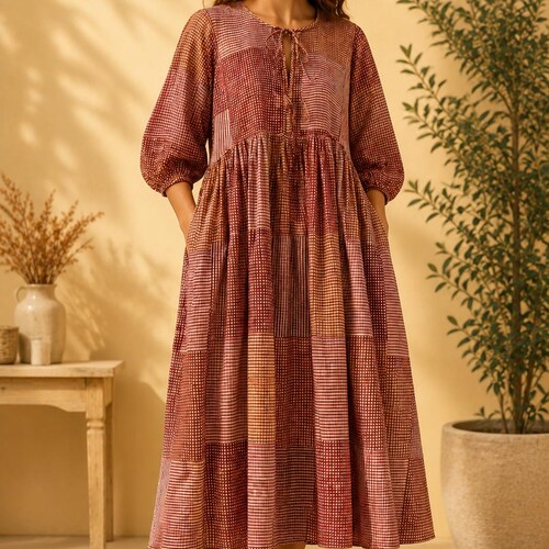 Hand Block Print Cotton Midi Dress, Boho Summer Beach Dress, Lightweight Casual Wear