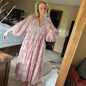 Midi Dress, Mini Dress, Floral Long Block Print Dress, Deep Neck with string closer