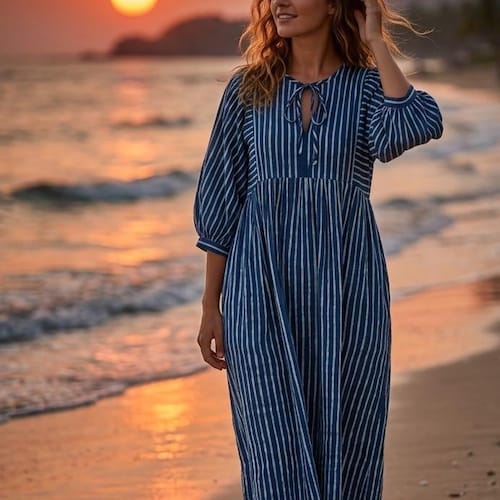 loose striped dress Casual Style Horizontal Striped Dress Loose Cotton Mock Neck Dress in Black Dark Green One Size