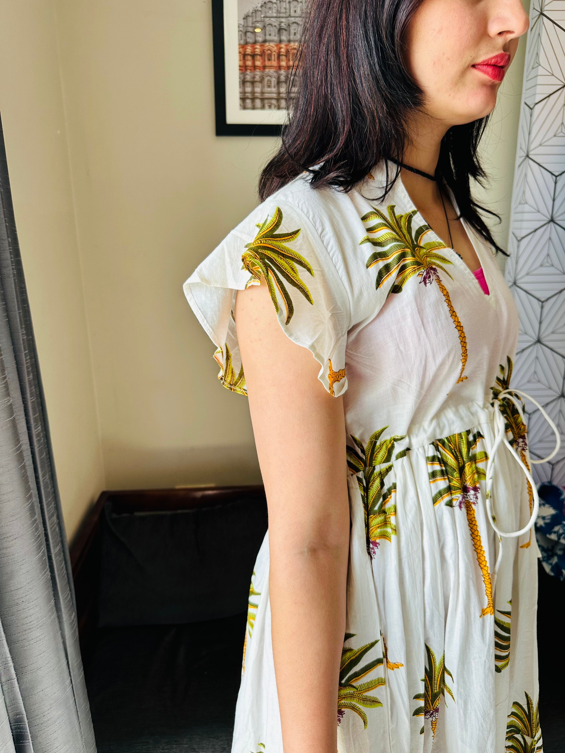 Hand Block Print Cotton Dress, White Palm Tree Pattern Boho Midi, Women's Summer V-Neck Kaftan Style Dress, Flowy Beach Holiday Resort Wear