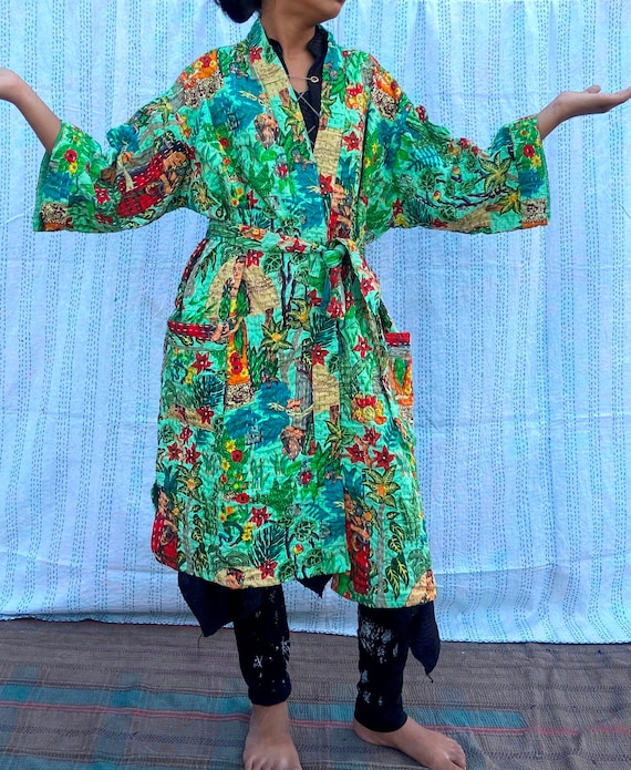 Blue Patchwork Japanese Kimono Jacket Style Kantha Quilted Bathrobe Winter  Gown